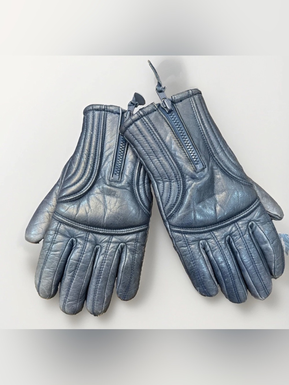Vintage Aris Navy Blue Leather Ski Gloves Zippers Ladies Medium Japan